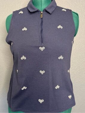 Sigrid Olsen Sleeveless Polo Top L Navy Embroidered Tennis Racket Motif Zip Neck